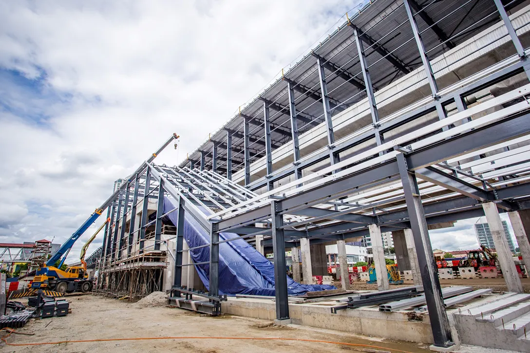 Reinforced concrete staircase and roofing works in progress at the Serdang Raya MRT Station.