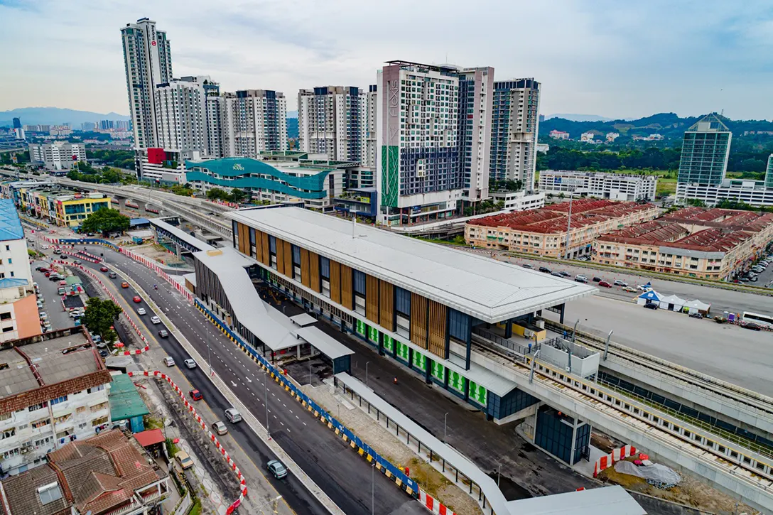 Aerial view of the Serdang Raya Utara MRT Station showing the ongoing roadworks.