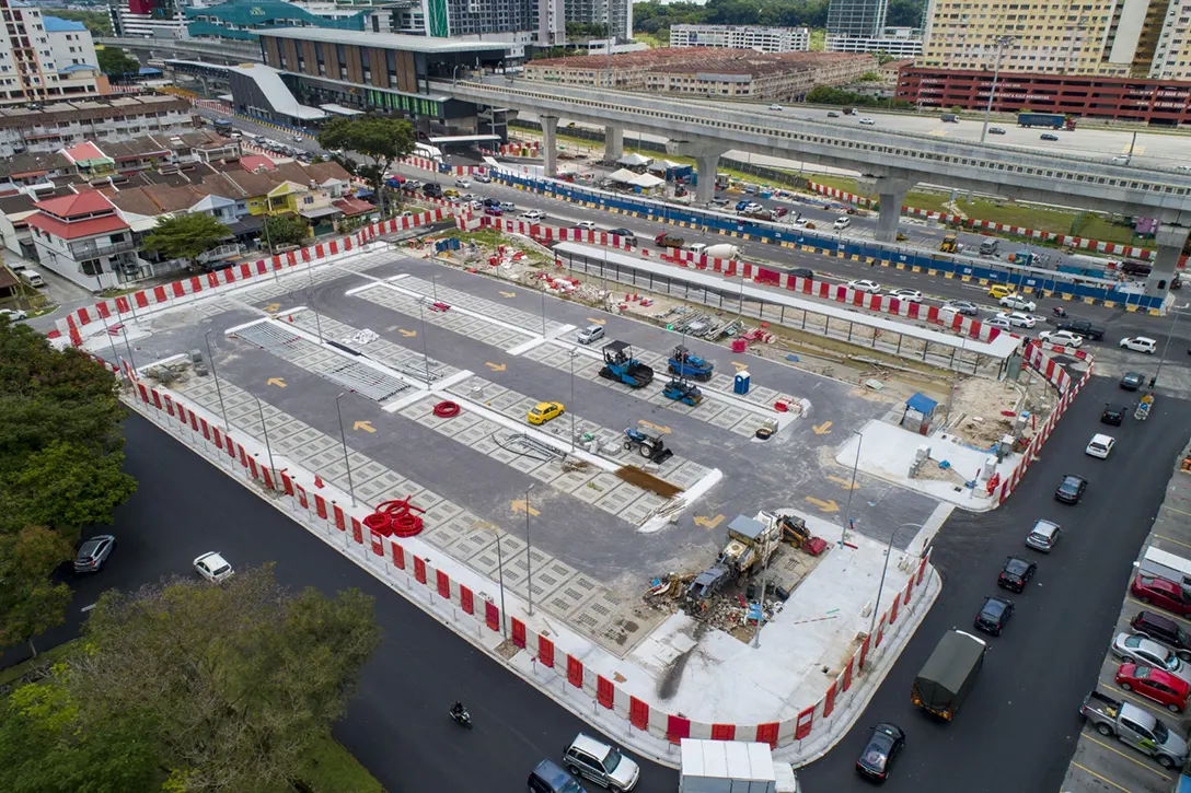 Aerial view of the Serdang Raya Utara MRT Station At Grade Park and Ride showing the landscaping works in progress.