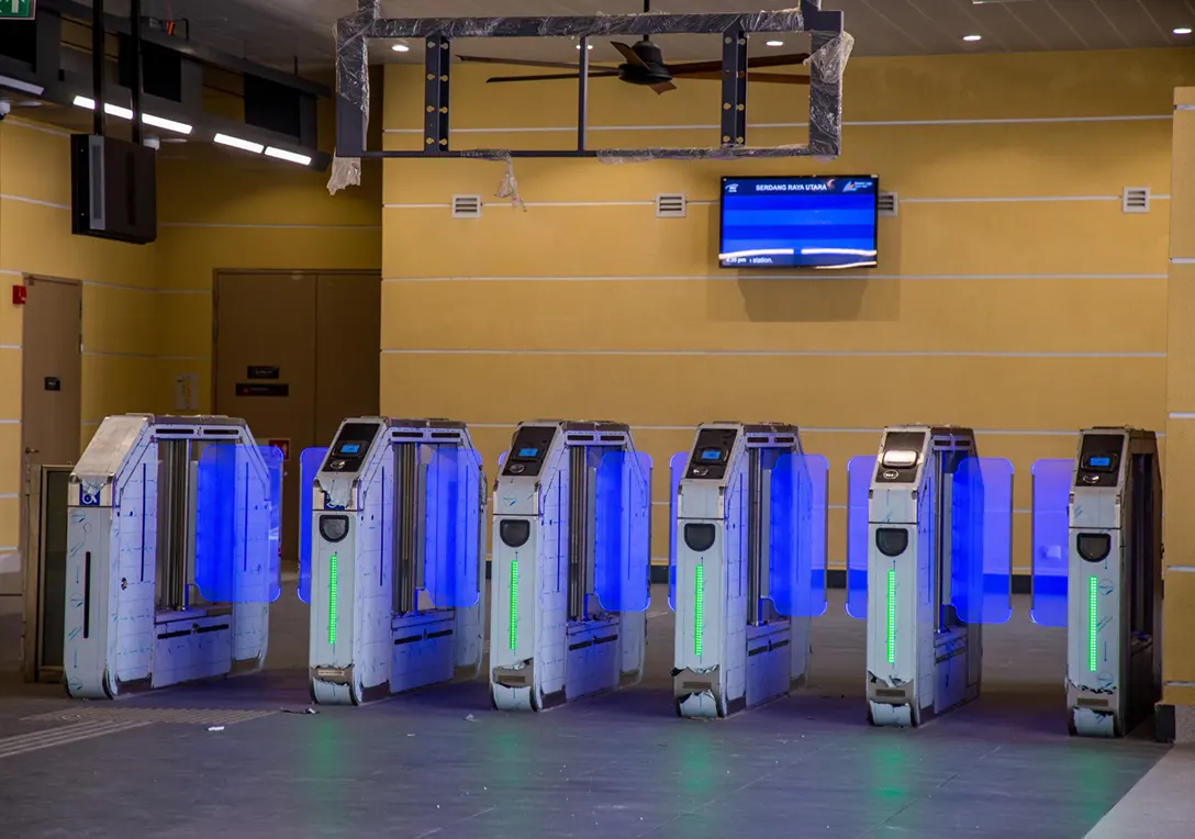 Testing and commissioning of Automatic Fare Collection gate system in progress at the Serdang Raya Utara MRT Station.