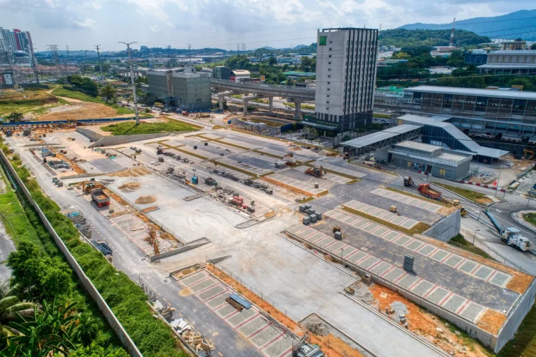 Aerial view of the Sri Damansara Barat MRT Station showing the paver block works and roadworks in progress