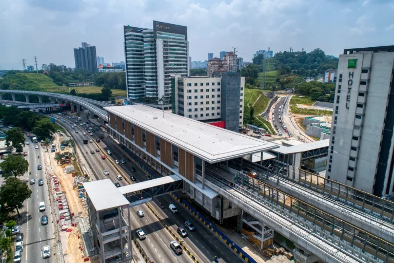 Aerial view of the Sri Damansara Barat MRT Station site showing the railing and balustrade works in progress at the entrances and link bridges