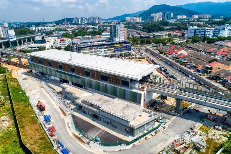 Aerial view of the Sri Damansara Sentral MRT Station site showing the external façade works