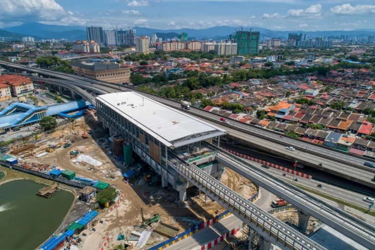 Aerial view of the external works outside the Sri Damansara Timur MRT Station such as retaining wall and drainage works in progress