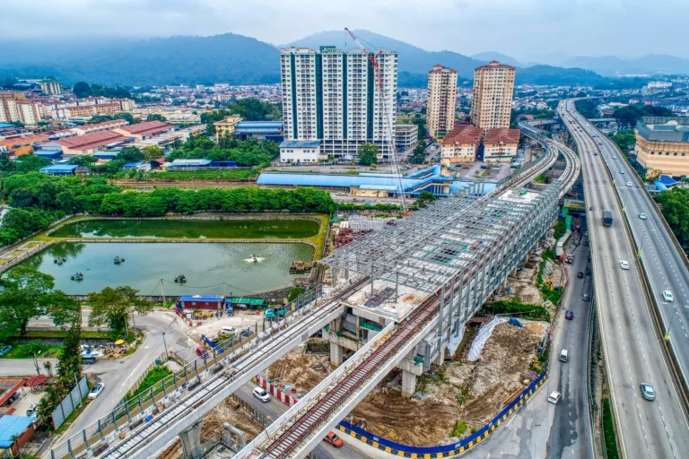 Aerial view of the Sri Damansara Timur MRT Station site showing the installation of steel structure frames in progress