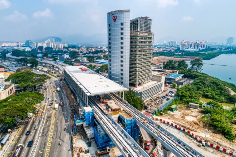 Aerial view showing ongoing roofing works of the Sri Delima MRT Station