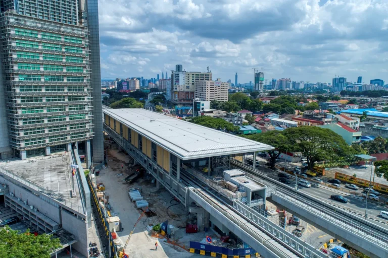 Aerial view of the Sri Delima MRT Station site showing the tiling works and boombox cable works in progress