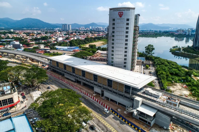 Aerial view of the Sri Delima MRT Station site showing the drainage and tiling works in progress