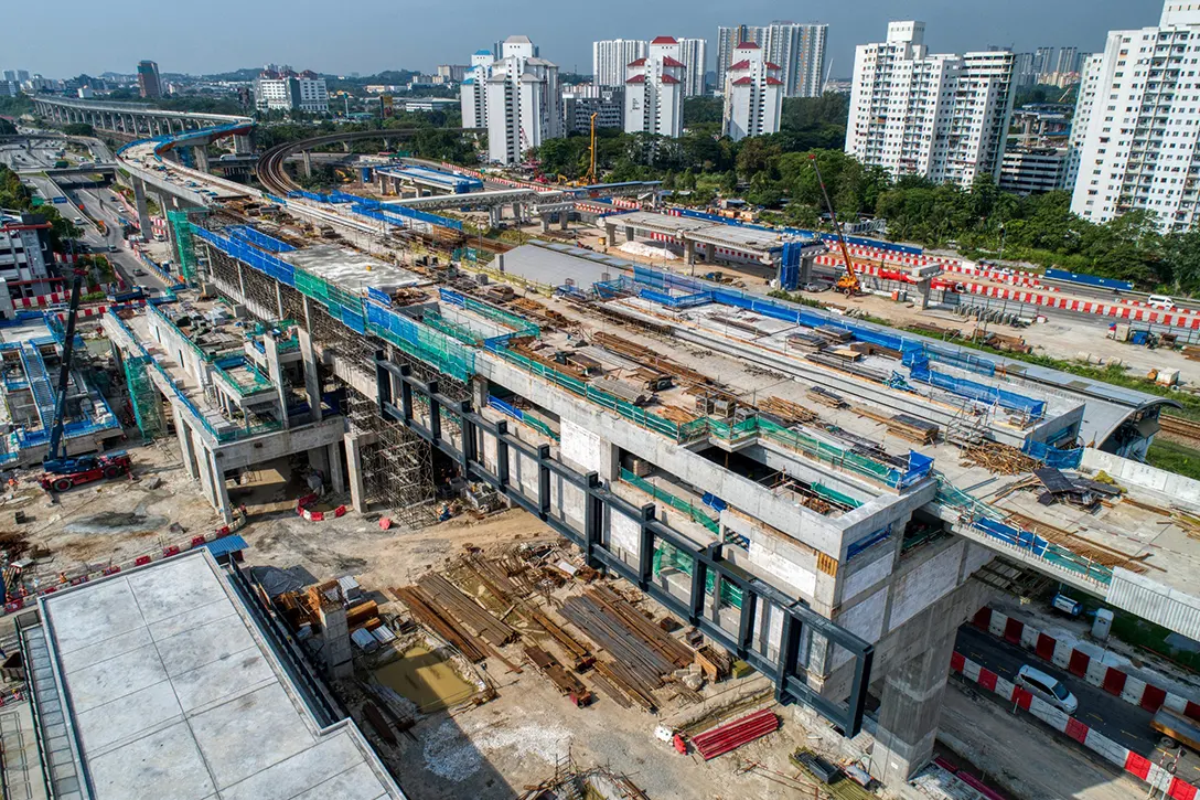 Aerial view of the Sungai Besi MRT Station site showing ongoing drainage and roadworks.