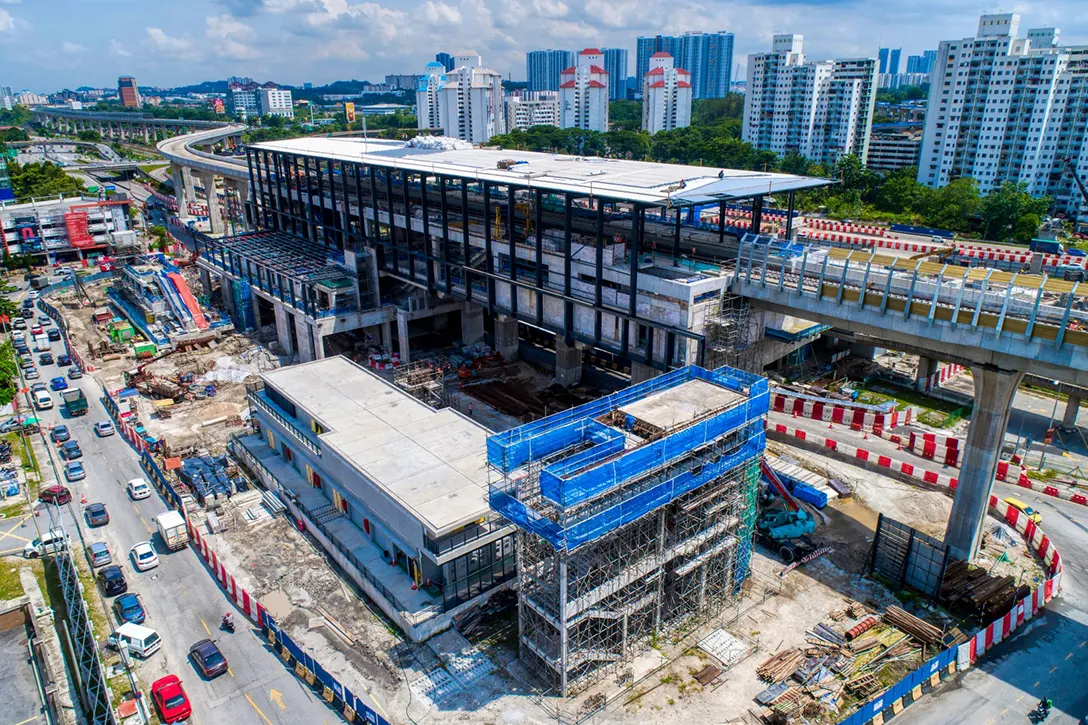 Aerial view of the Sungai Besi MRT Station site showing station works, sewerage and manhole works in progress