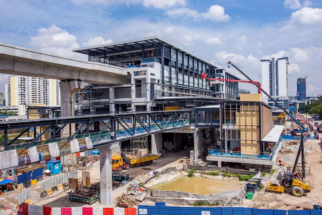 Installation of roof structure and metal deck cover in progress at the Sungai Besi MRT Station
