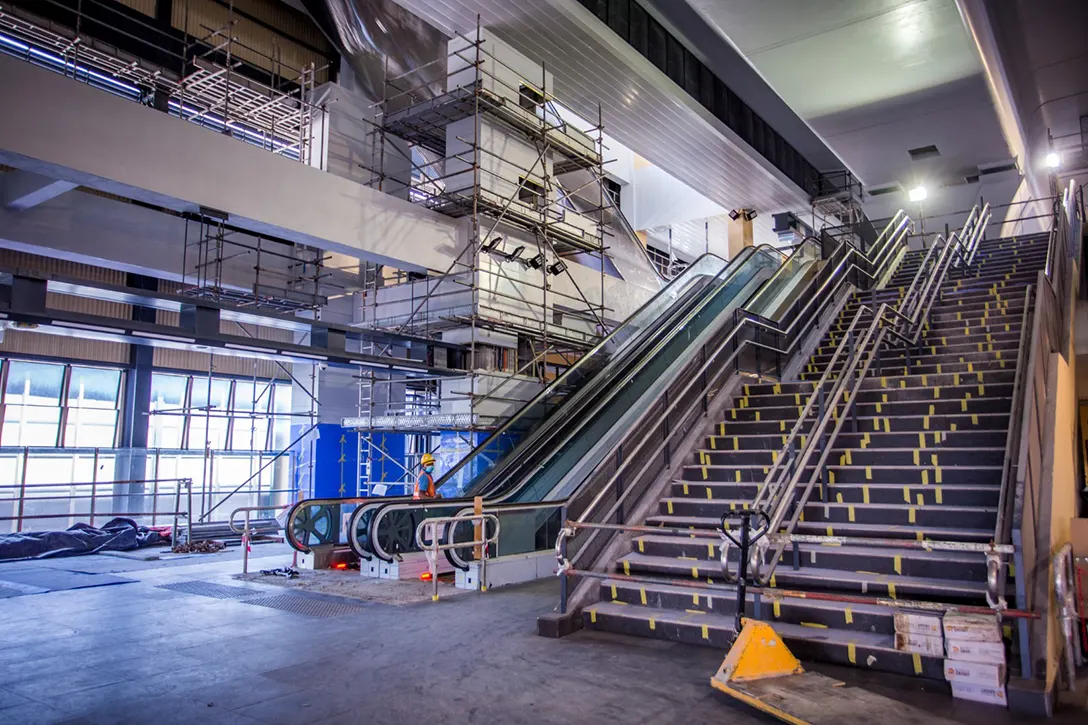 View of the Sungai Besi MRT Station showing the architectural works in progress.