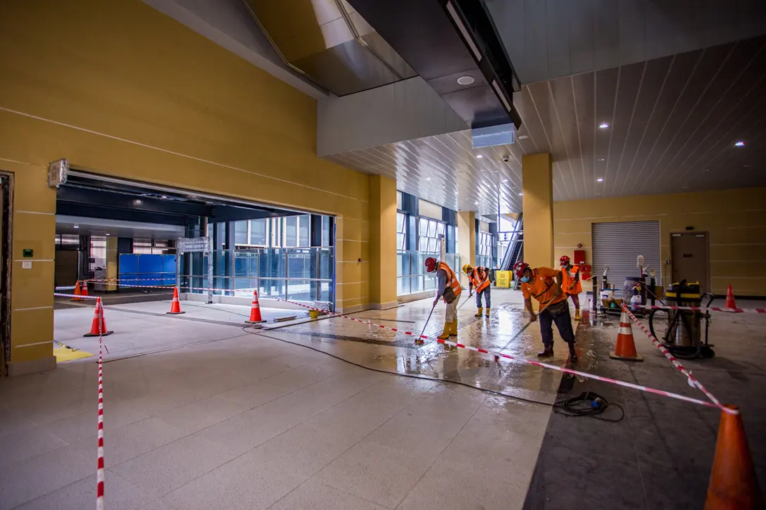 View of the Sungai Besi MRT Station showing the floor cleaning works in progress.