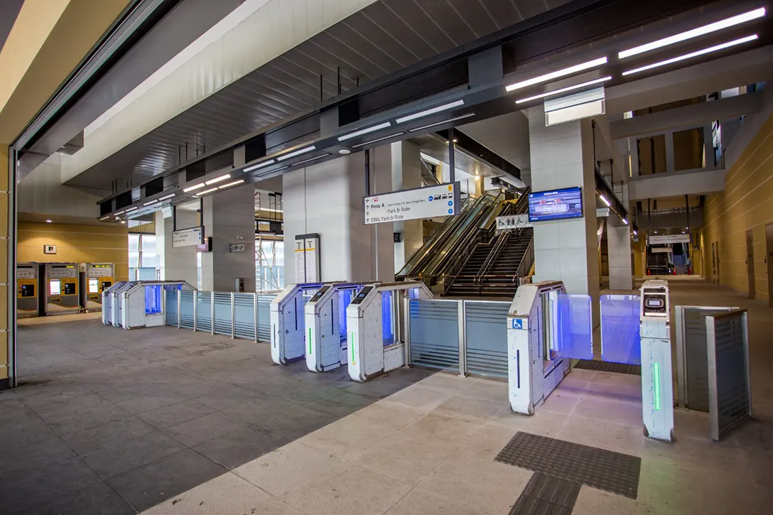 Testing and commissioning of Automatic Fare Collection gate system in progress at the Sungai Besi MRT Station.