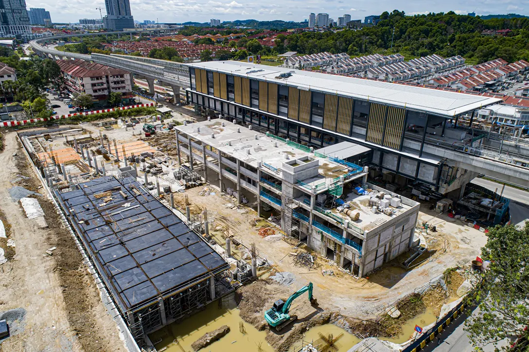 Aerial view of the Taman Equine MRT Station showing the architecture finishes in progress at the platform and concourse levels.