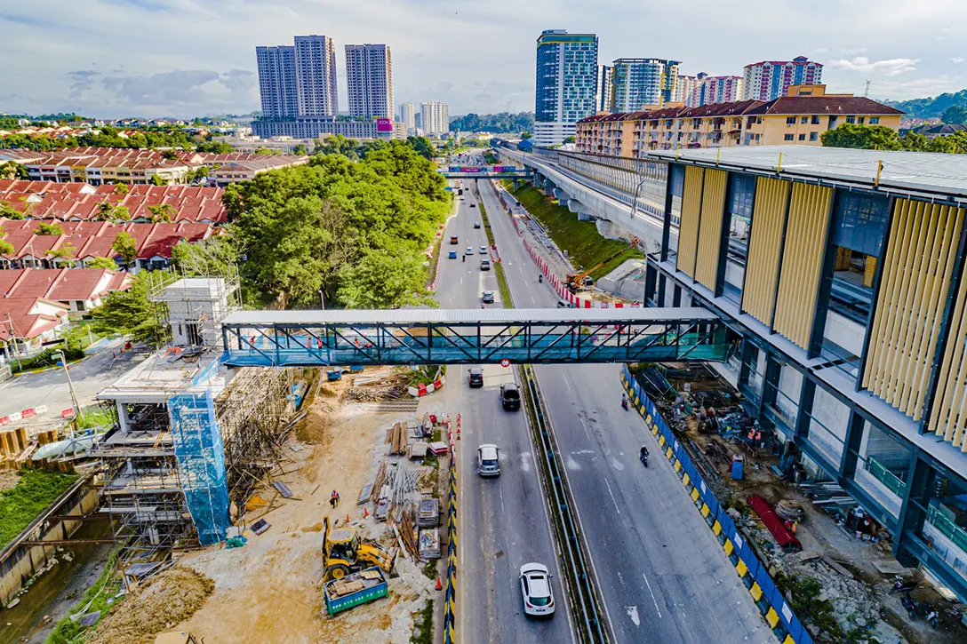 Aerial view of the Taman Equine MRT Station showing the Entrance 2 steel structure works in progress.