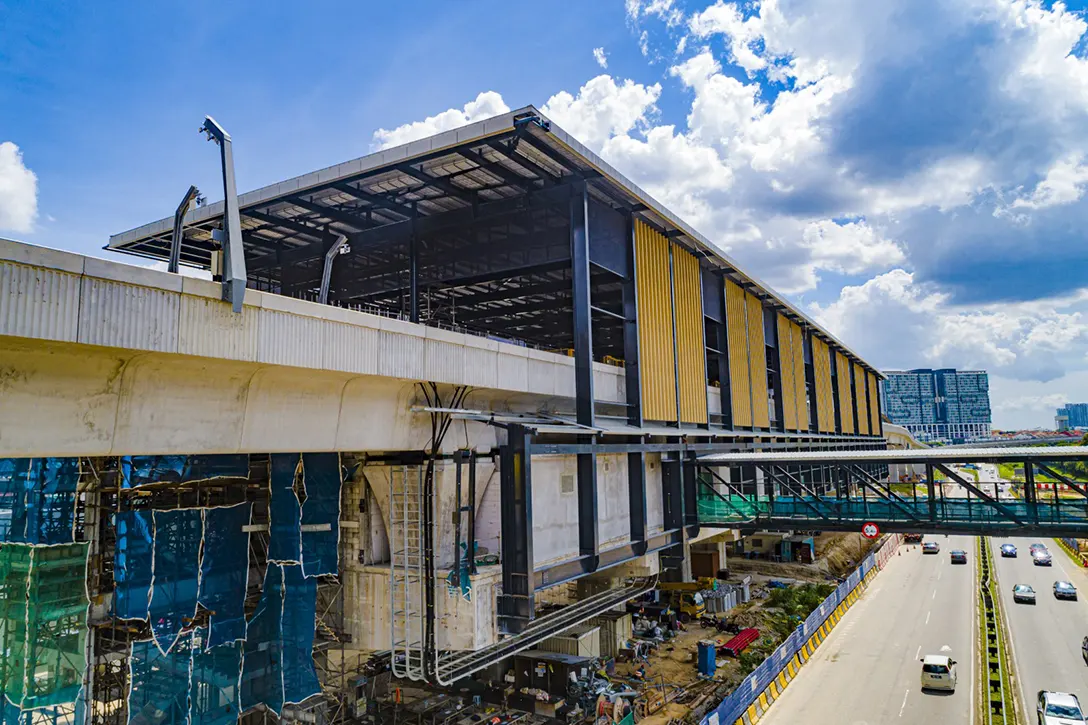 Aerial view of the Taman Equine MRT Station showing architectural works in progress.