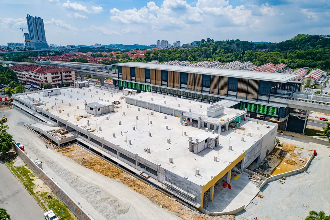 Aerial view of the Taman Equine MRT Station showing the architectural final touch-up works in progress.