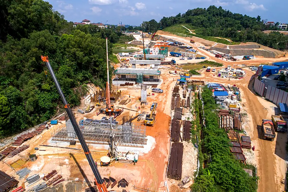 Aerial view of portal beam construction works at the Taman Naga Emas MRT Station.