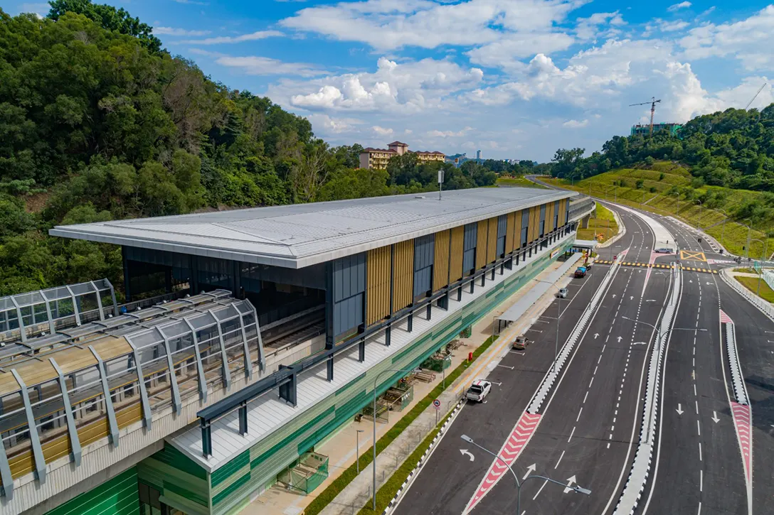 Aerial view of the Taman Naga Emas MRT Station showing the external infra works have been completed.