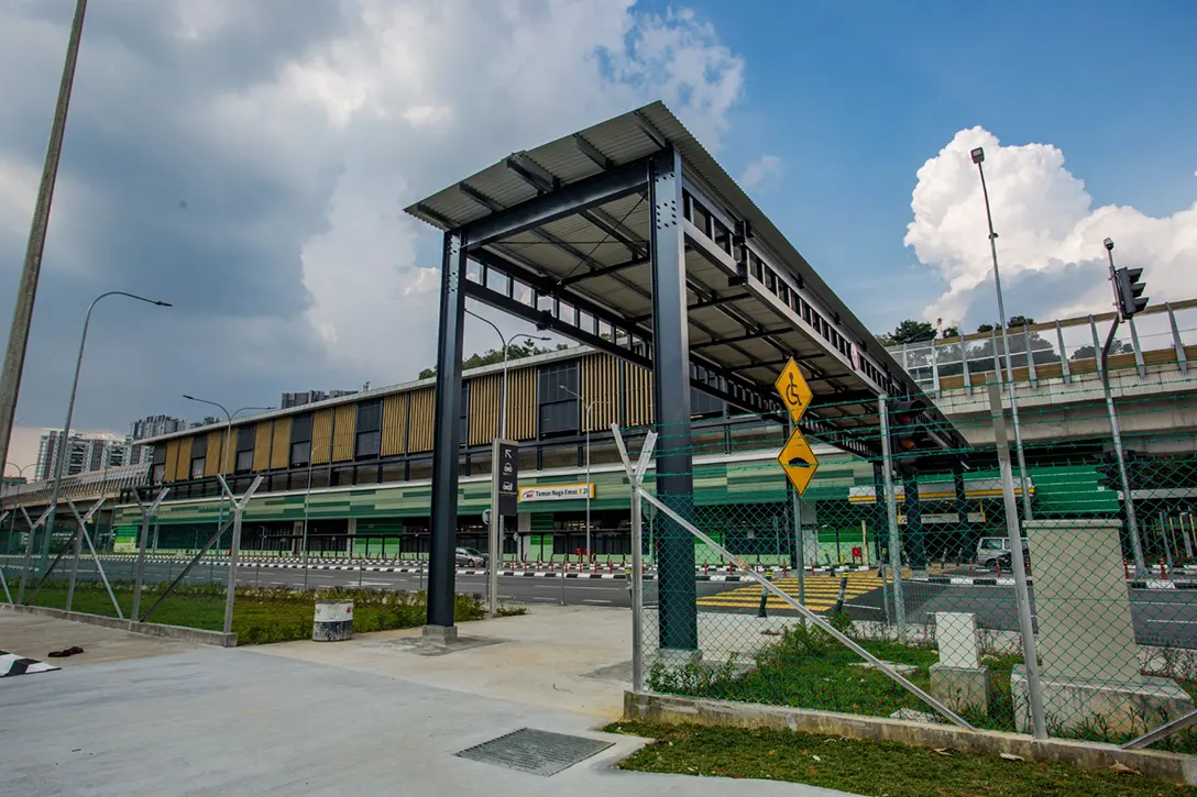 View of the Taman Naga Emas MRT Station showing the completed high level pedestrian crossing.