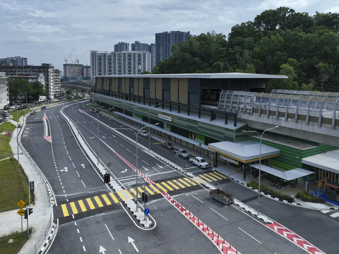 Aerial view of the Taman Naga Emas MRT Station showing the station external works completed.