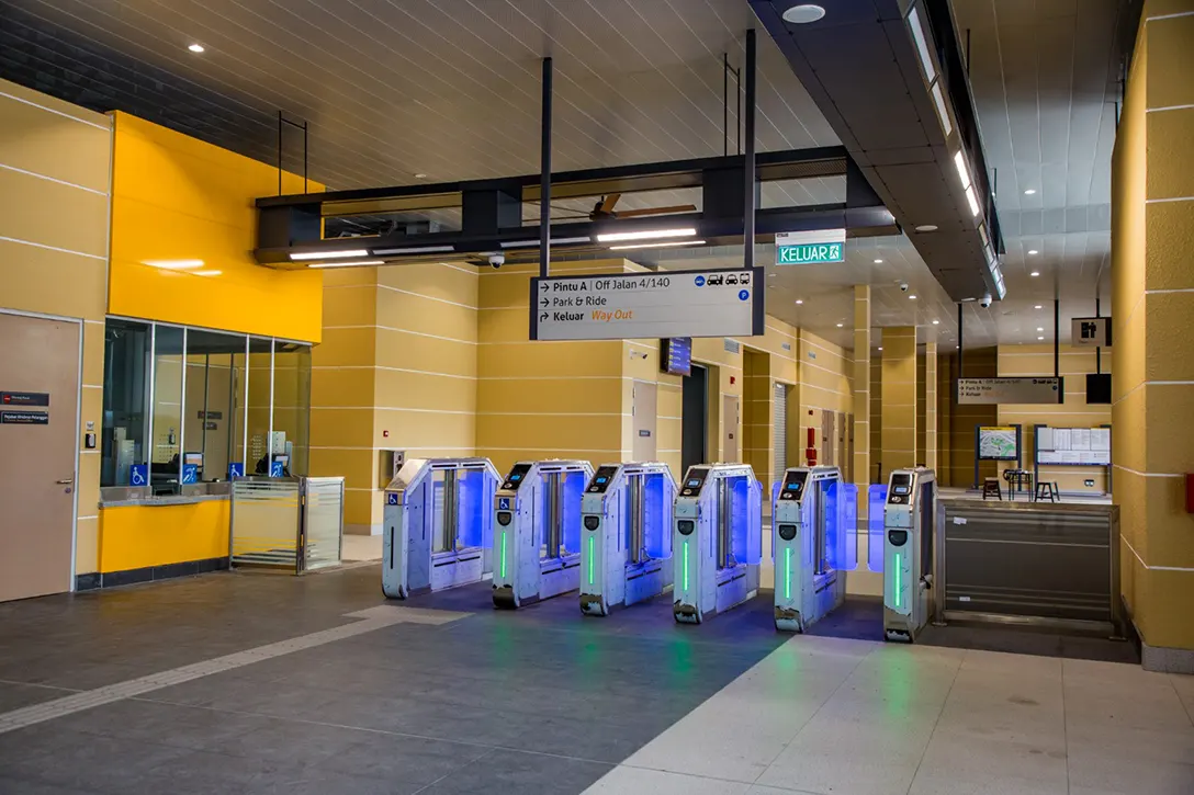 Testing and commissioning of Automatic Fare Collection gate system in progress at the Taman Naga Emas MRT Station.