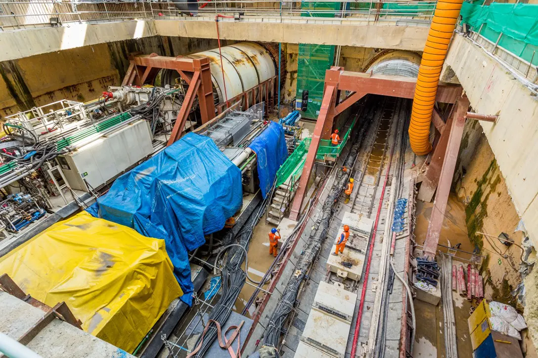 View of two tunnel boring machines being assembled at the launch shafts at the Titiwangsa MRT Station site.