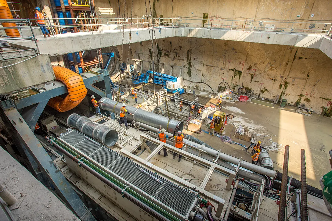 View of the installation and extension of ventilation duct on tunnel boring machine at Titiwangsa MRT Station site.