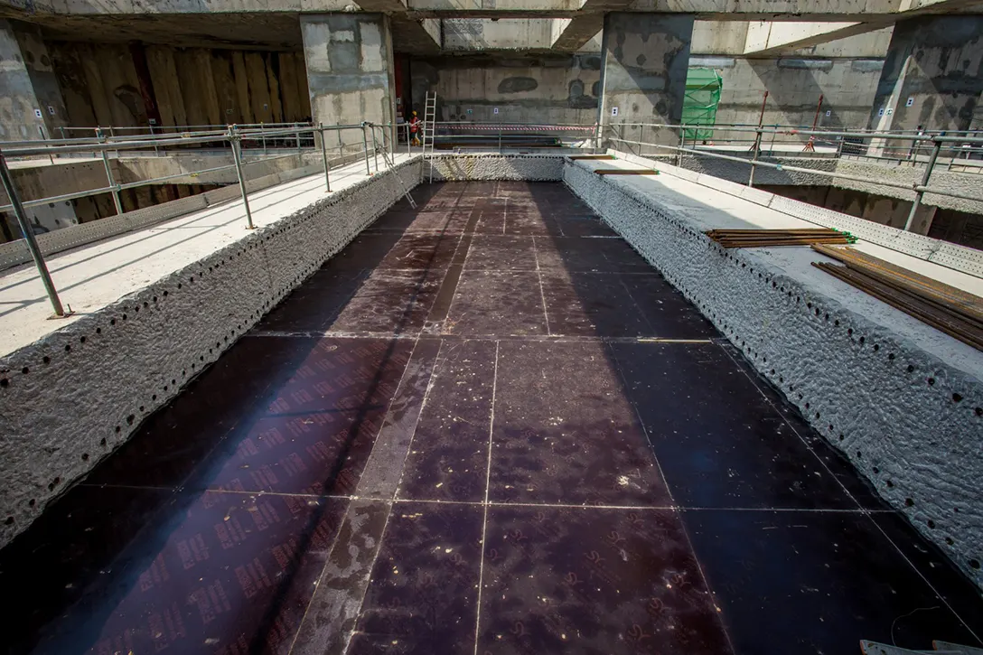 View of the installation of PERI table formwork for lower ground infill slab in progress at the Titiwangsa MRT Station.