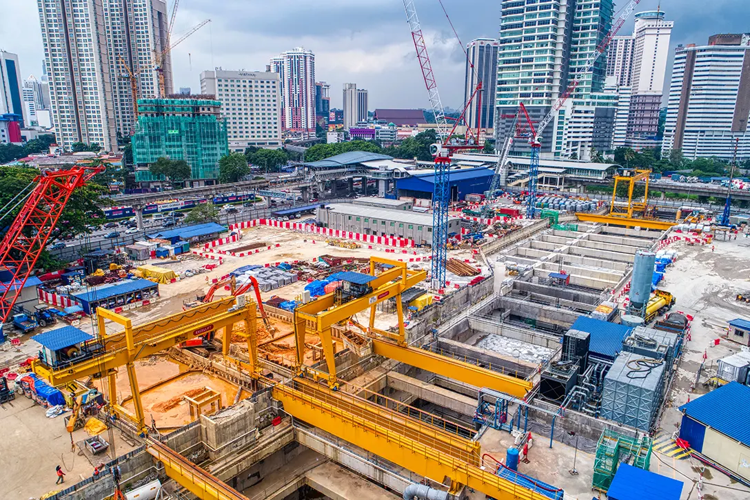 Aerial view of the gantry crane setup at the Titiwangsa MRT Station site.