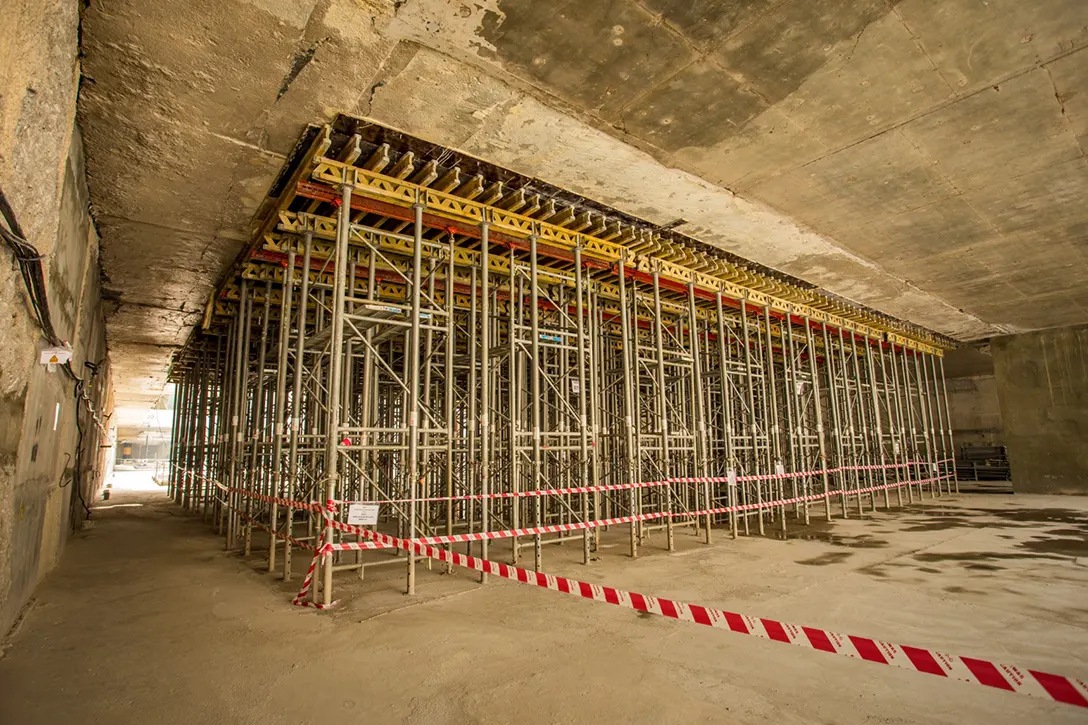 View of the roof level infill slab formwork table installation at the Titiwangsa MRT Station site.