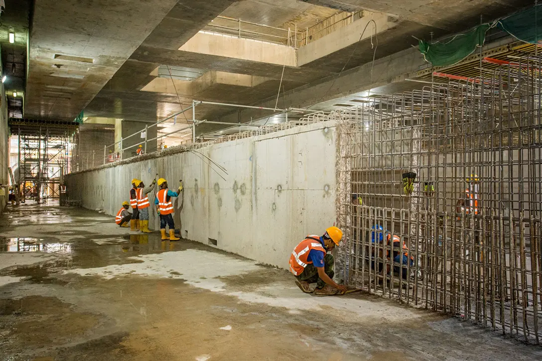 Rebar works for platform wall at Titiwangsa MRT Station base slab.