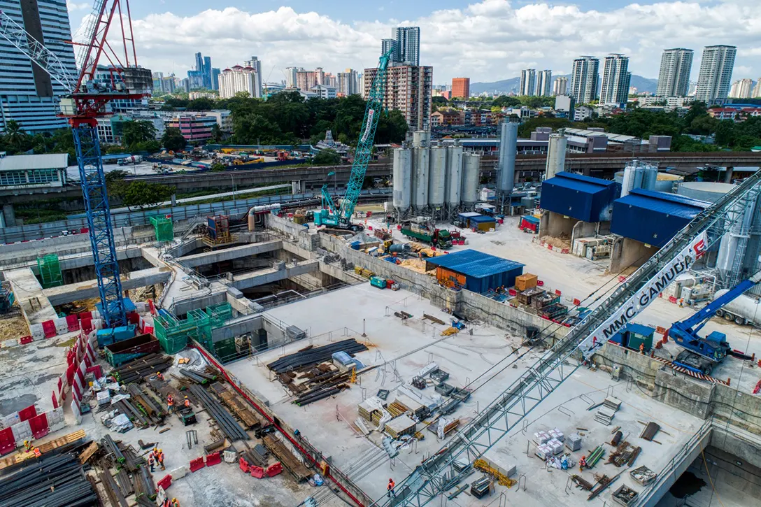 Aerial view of the Titiwangsa MRT Station site showing the roof slab.