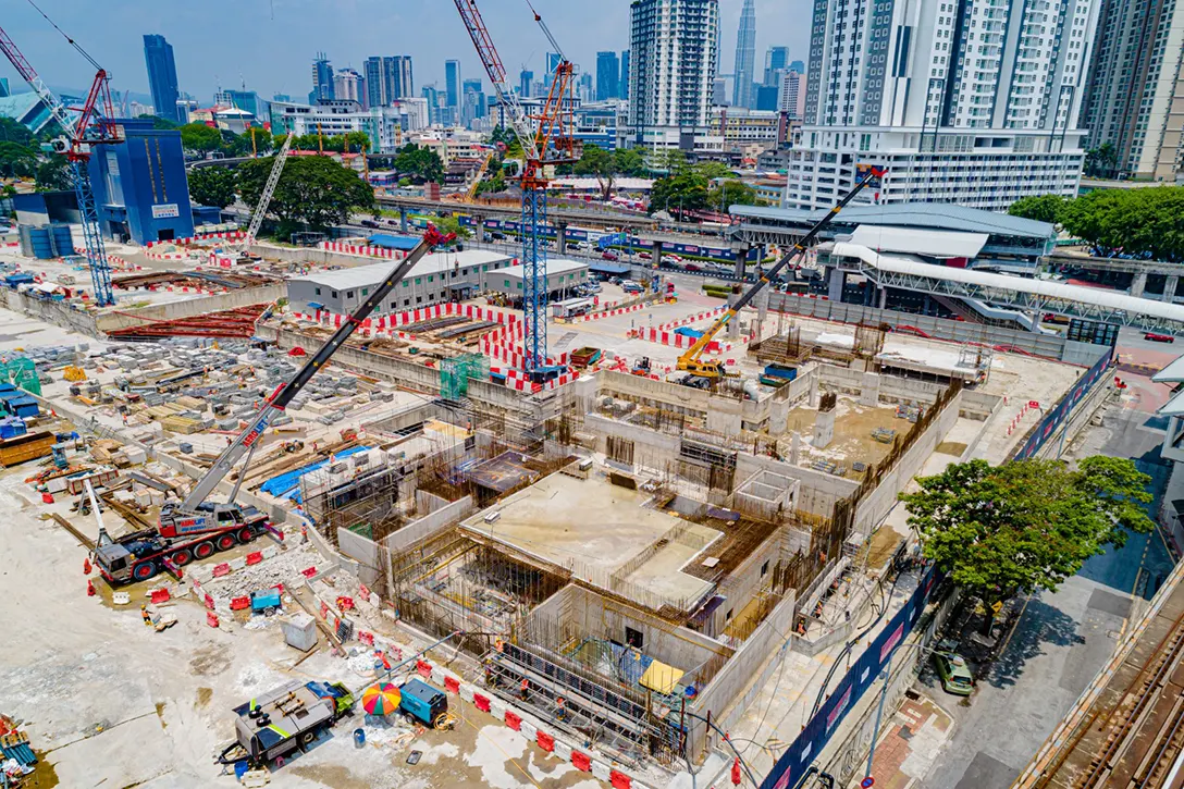 Aerial view of the Titiwangsa MRT Station showing 82% completion.