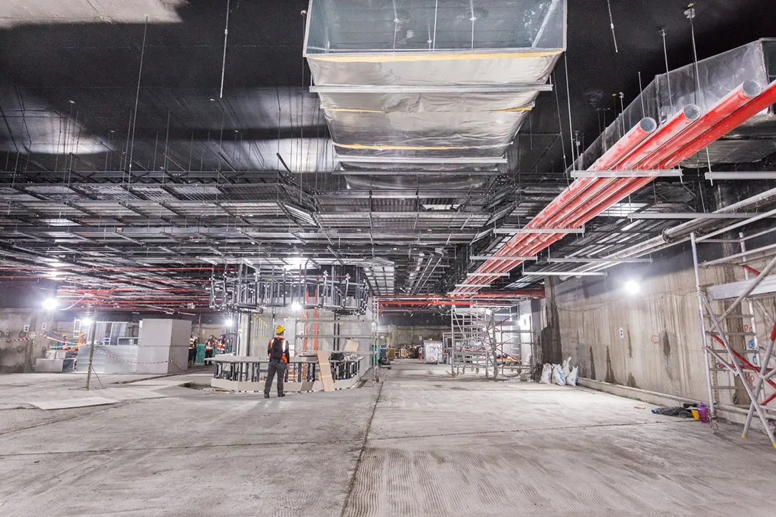 Installation of steel frame works in progress for Customer Service Office at Titiwangsa MRT Station concourse level.