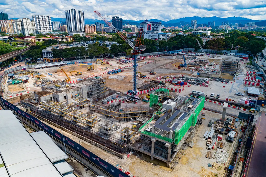 Aerial view of the Titiwangsa MRT Station showing the rebar installation for Entrance A roof floor slab and beam.