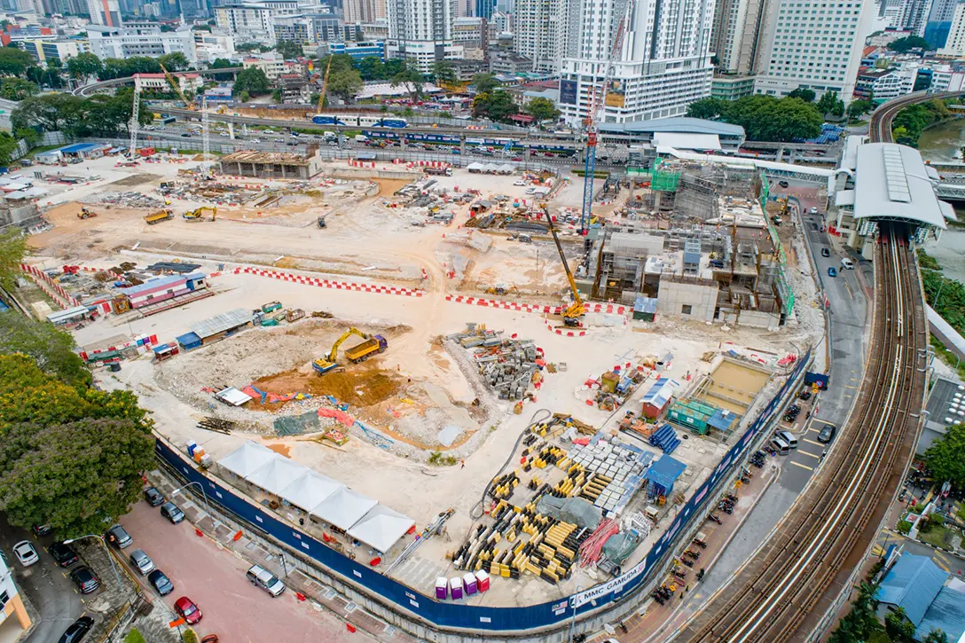Aerial view of the Titiwangsa MRT Station showing the construction above ground structures and permanent drainage system works in progress.