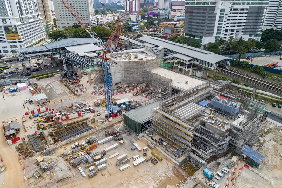 Aerial view of the Titiwangsa MRT Station showing the construction of reinforced concrete structure at the Ventilation A building structure in progress.