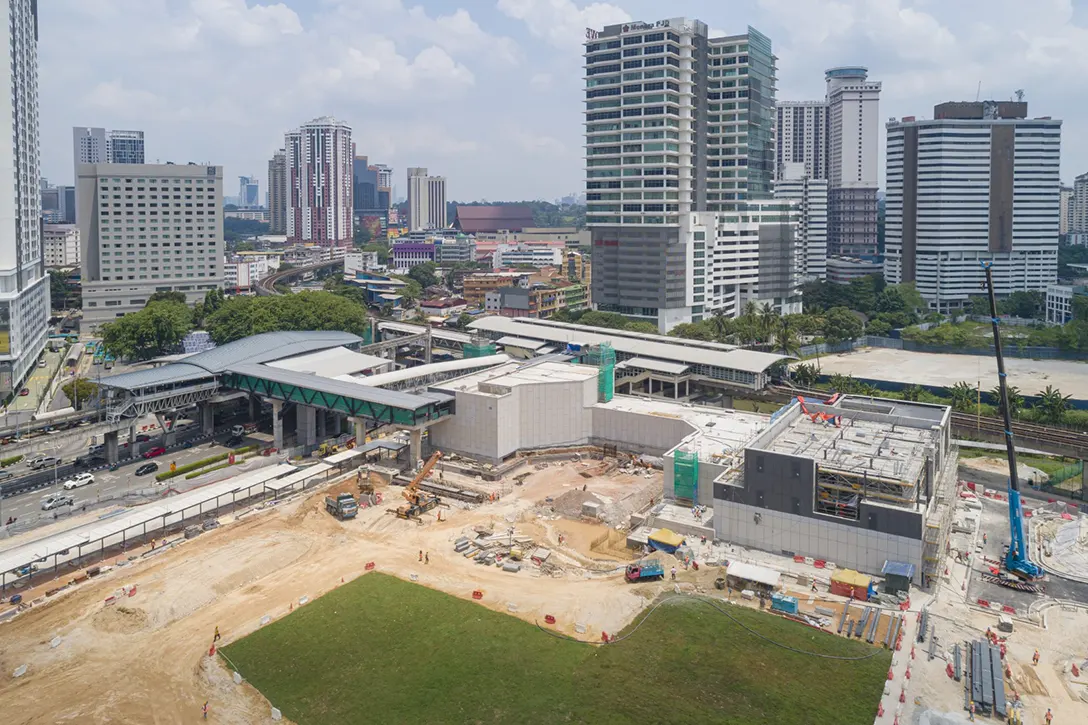 Aerial view of the Titiwangsa MRT Station showing the road, drainage and turfing works in progress.