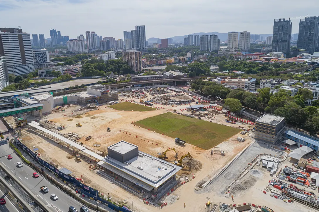 Aerial view of the Titiwangsa MRT Station showing the turfing works started while above ground structures have been completed.