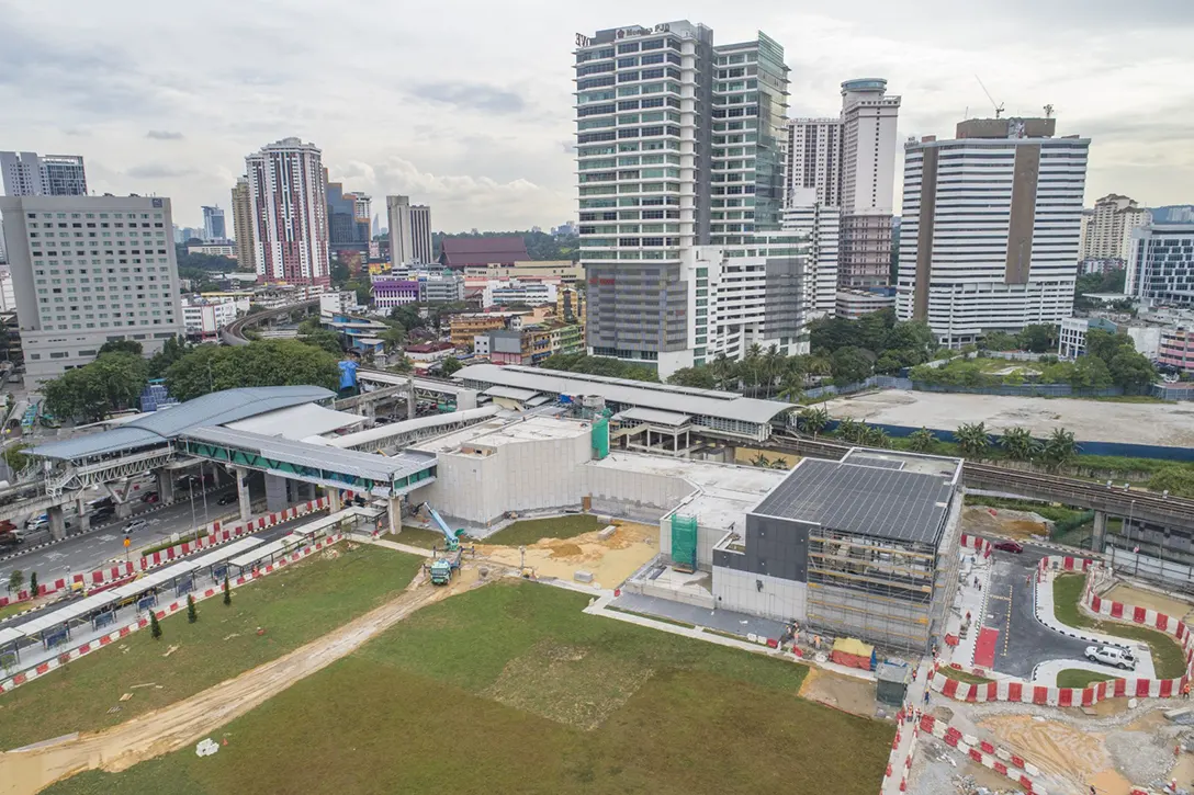 Aerial view of the Titiwangsa MRT Station with the remaining landscaping and louvres installation works in progress.