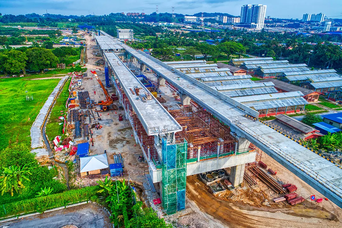 Aerial view of the UPM MRT Station site showing the station concourse construction.