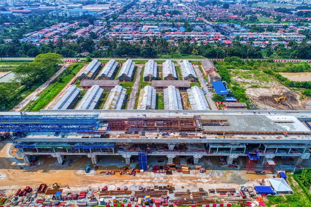 Aerial view of the UPM MRT Station site showing the construction of platform level.
