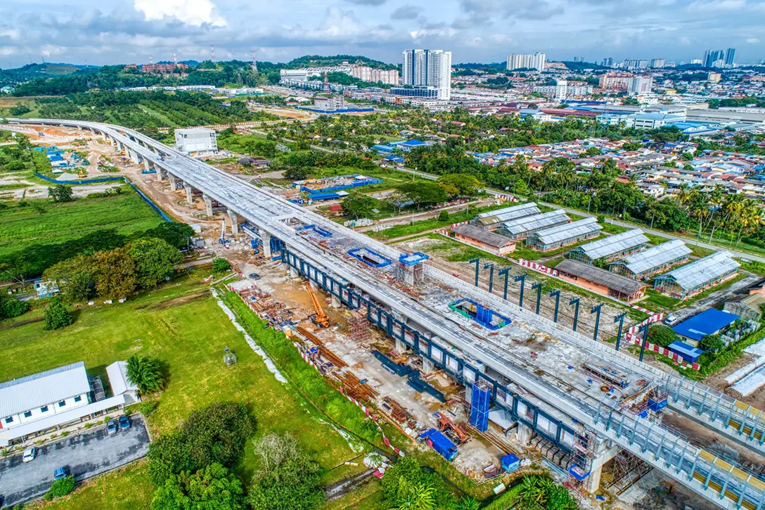 View of the UPM MRT Station site showing the architecture works and roof truss installation in progress.