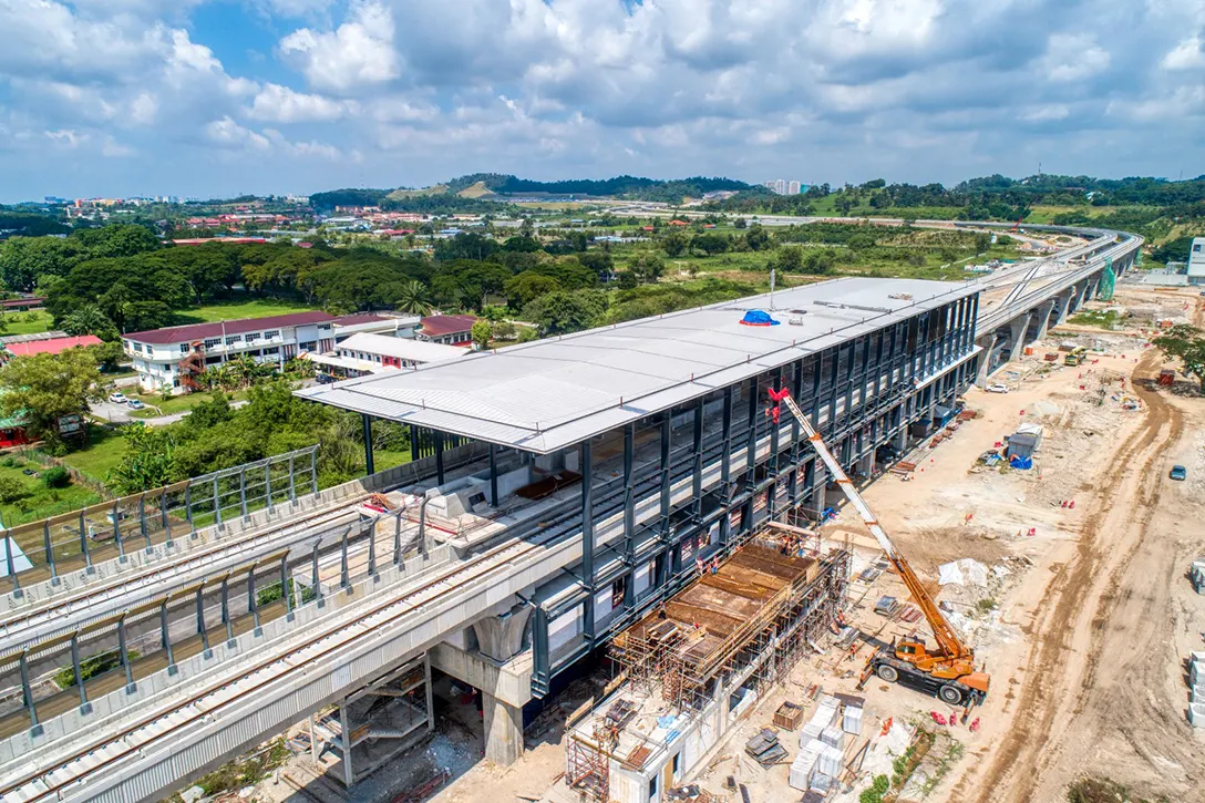 Aerial view of the UPM MRT Station showing the entrance concourse level construction works in progress.