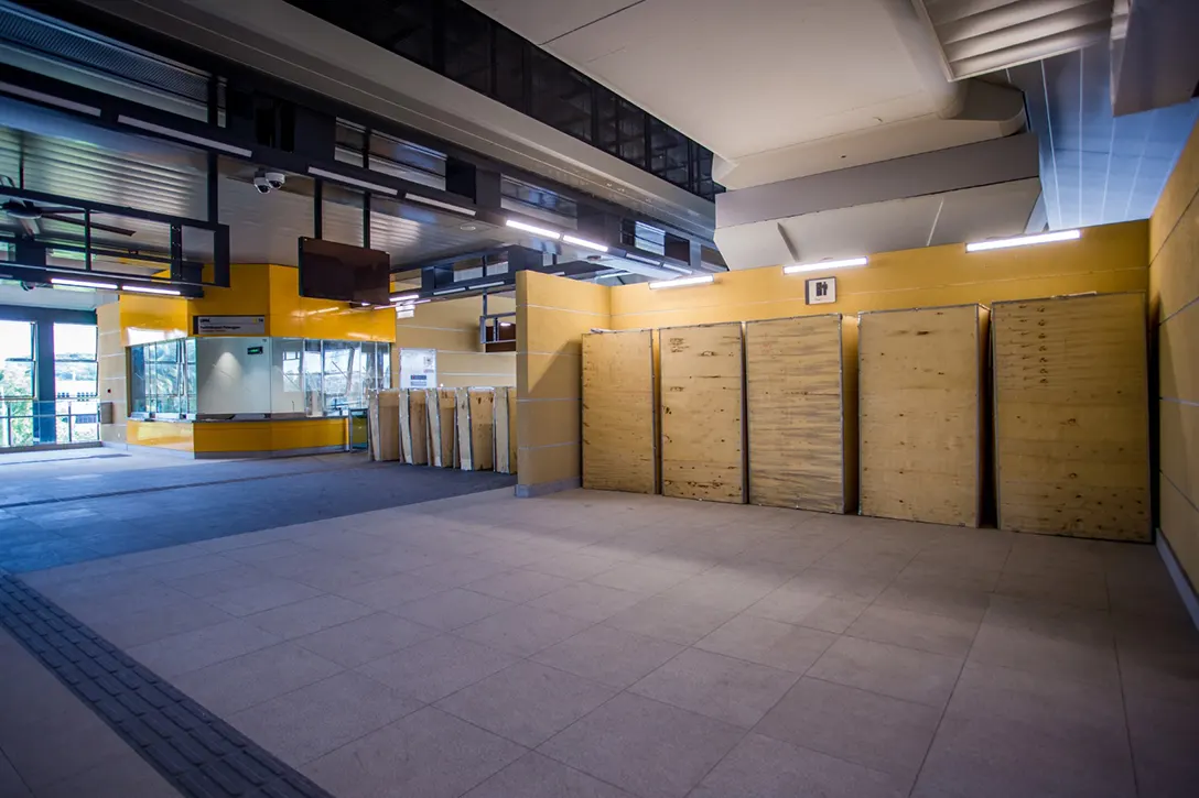 View of the UPM MRT Station showing the installation of ticket vending machine in progress.