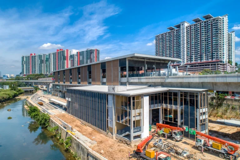 Aerial view of the Damansara Damai MRT Station showing Entrance 1 and 2 façade installation in progress