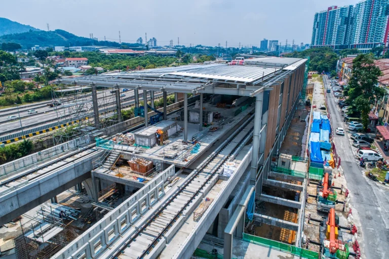 Aerial view of Damansara Damai MRT Station architectural and structural works in progress