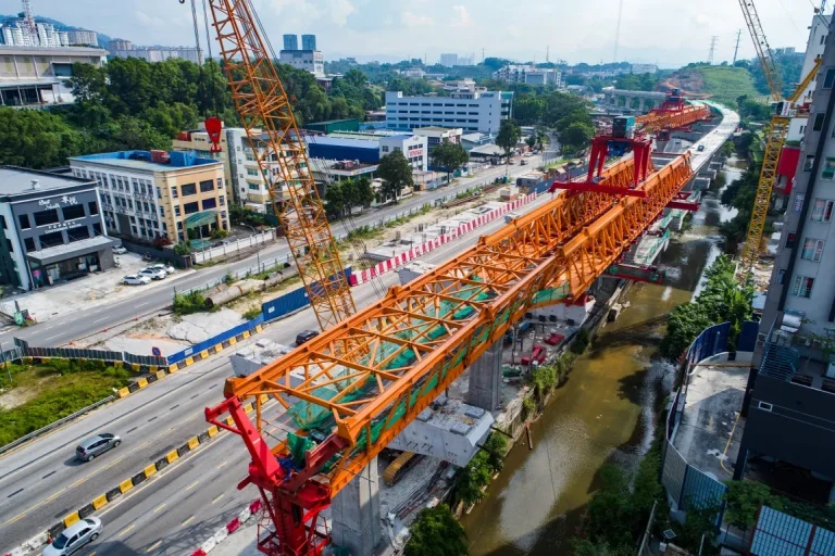 Erection works of precast segments at the Damansara Damai MRT Station site